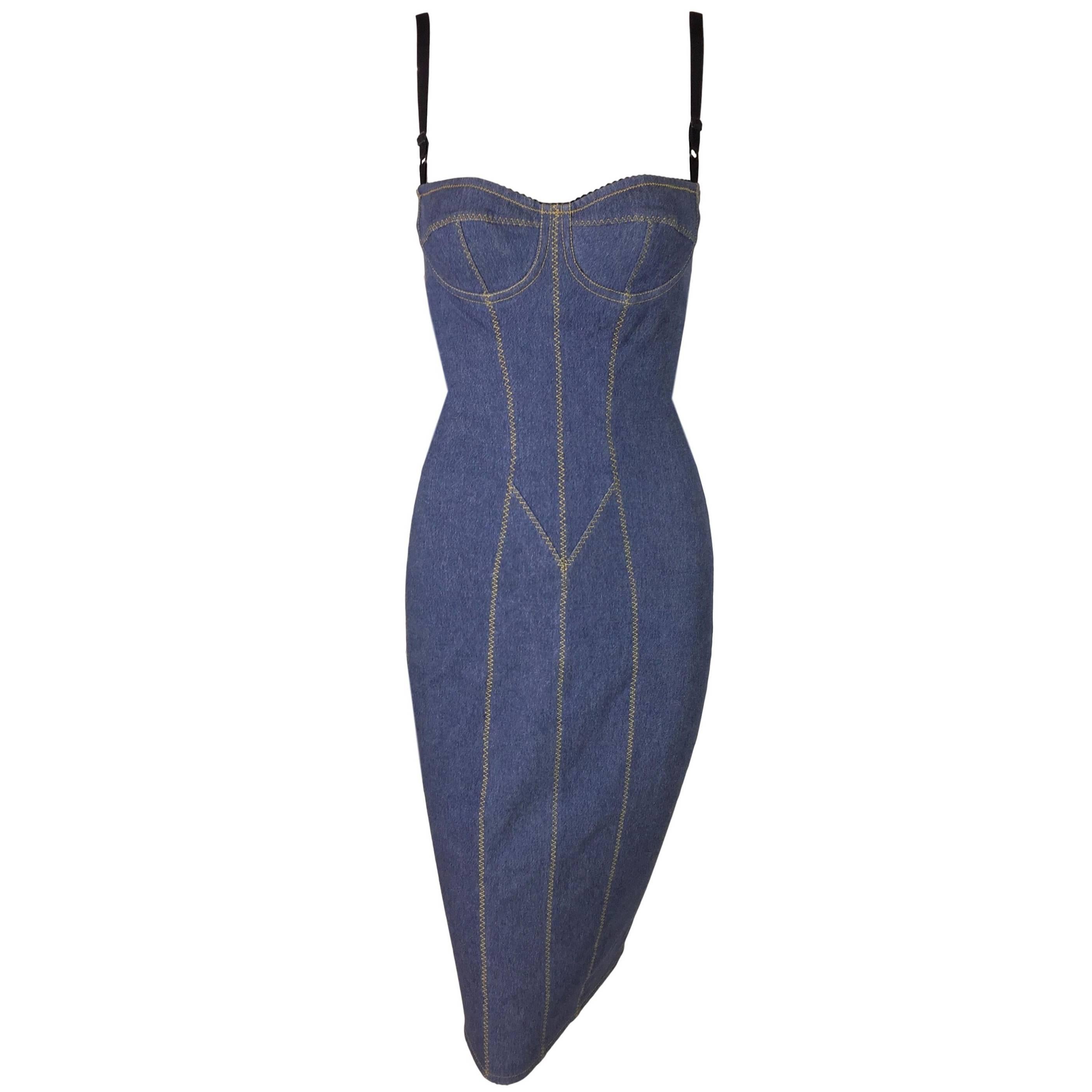 F/W 1996 Dolce & Gabbana Pin-Up Blue Denim Corset Wiggle Dress 38