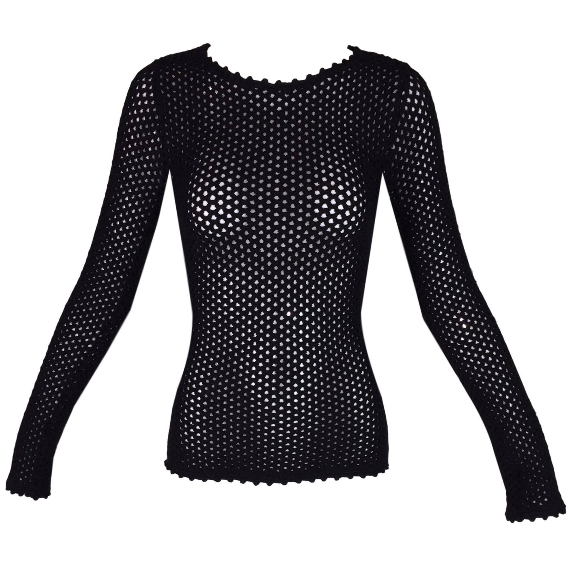 1990's D&G by Dolce & Gabbana Black Crochet Fishnet Mesh L/S Sweater Top