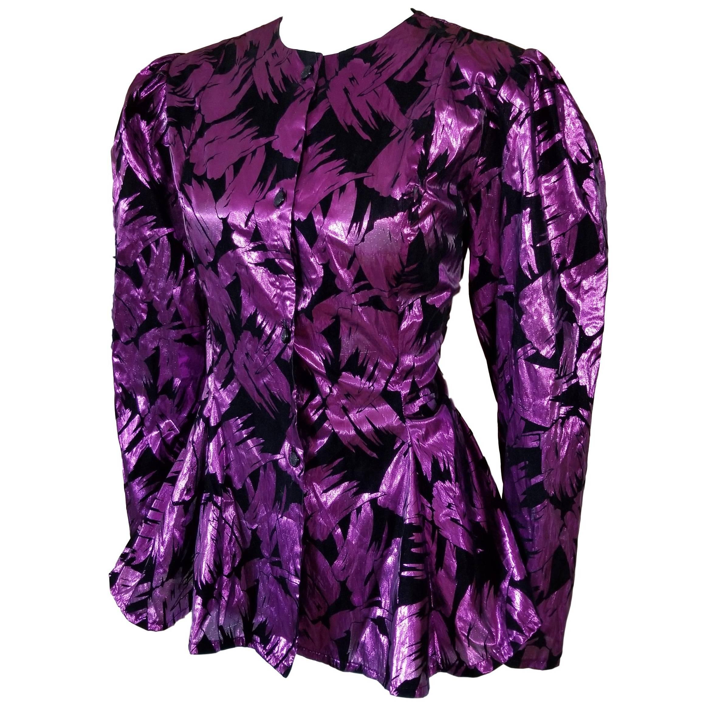 Robert Newman for Winsley 1980s Metallic Foil Purple Black Flocked Blouse  For Sale