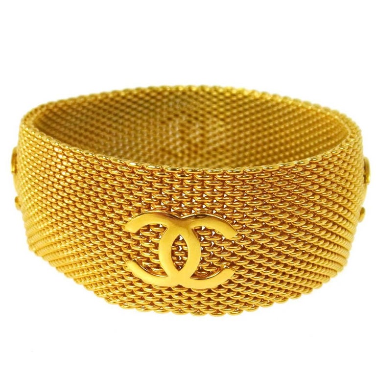 Chanel Gold Charm Mesh Evening Cuff Bracelet For Sale at 1stDibs