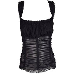 Vintage 1997 Dolce & Gabbana Steampunk Pin-Up Black Sheer Silk Ruched Corset Boning Top