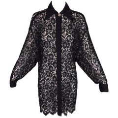 Vintage S/S 1994 Gianni Versace Couture Black Sheer Guipure Lace L/S Shirt Dress 38