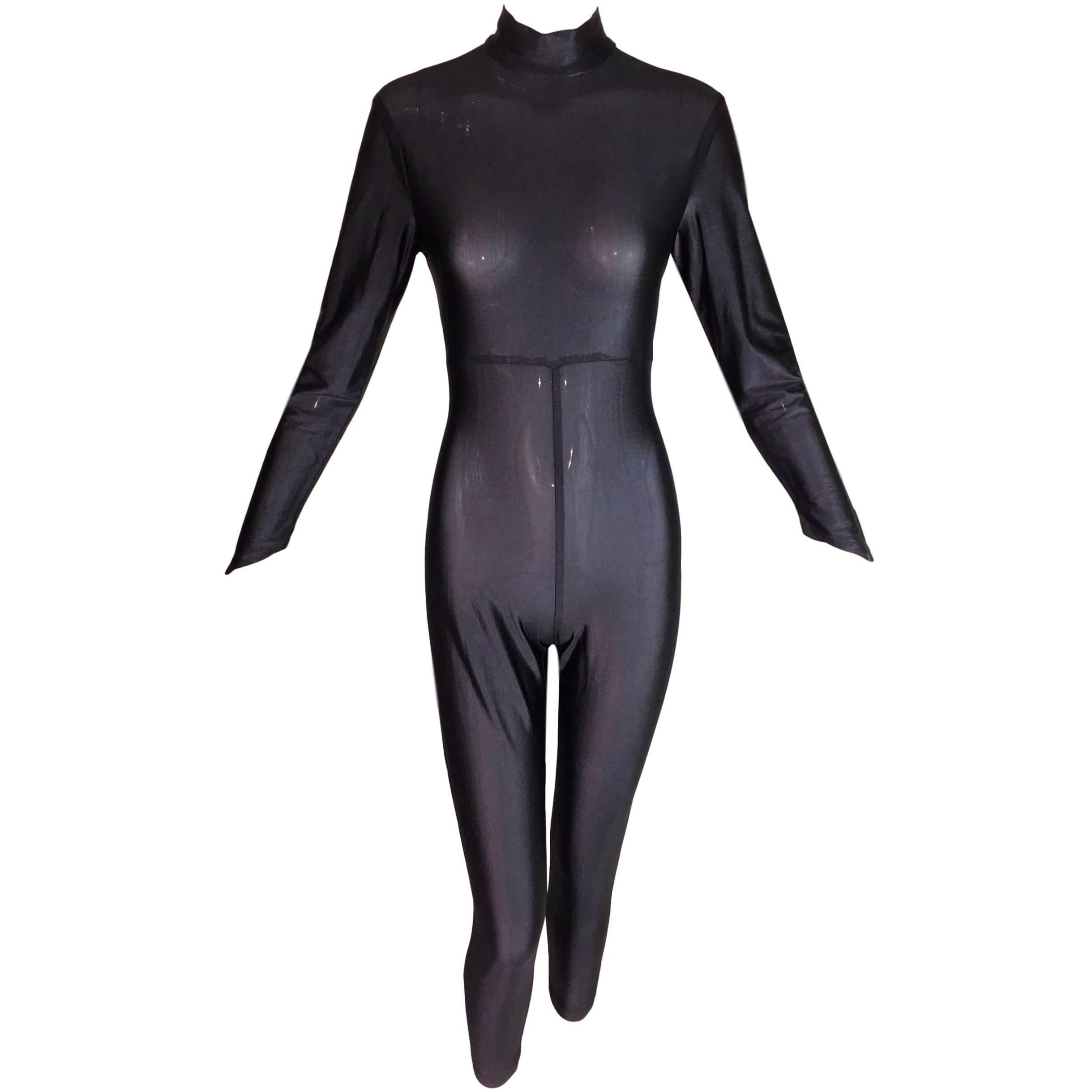 1990's Karl Lagerfeld MOD Sheer Metallic Black Catsuit Bodysuit Jumpsuit