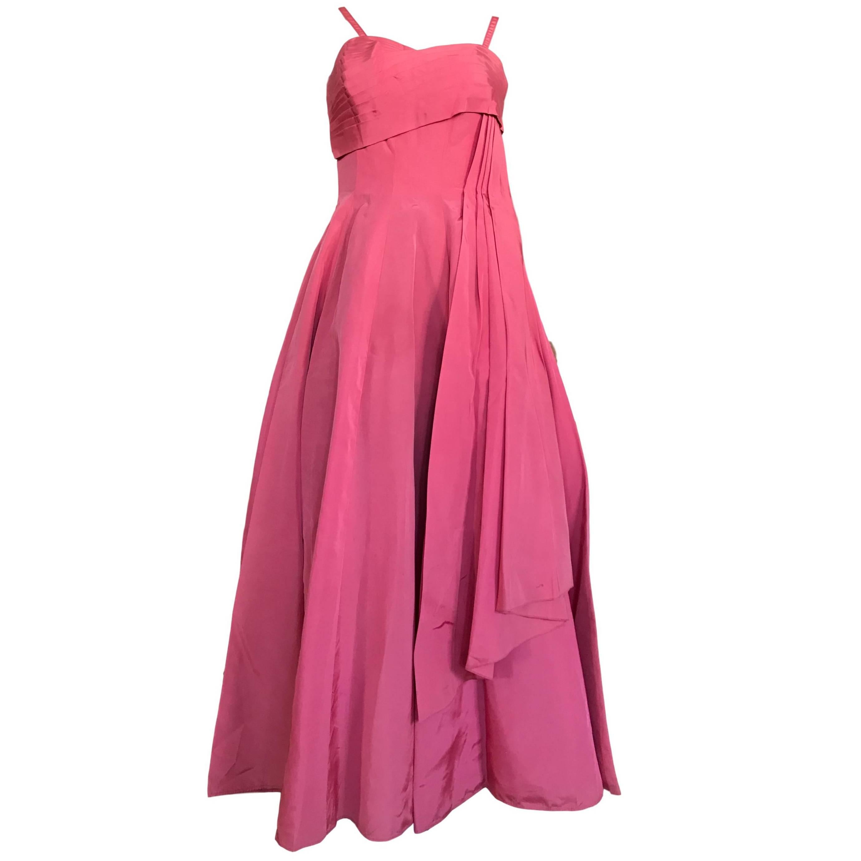 Original Vintage Mid Century Norman Young Evening Cocktail Dress Pink Taffeta  For Sale