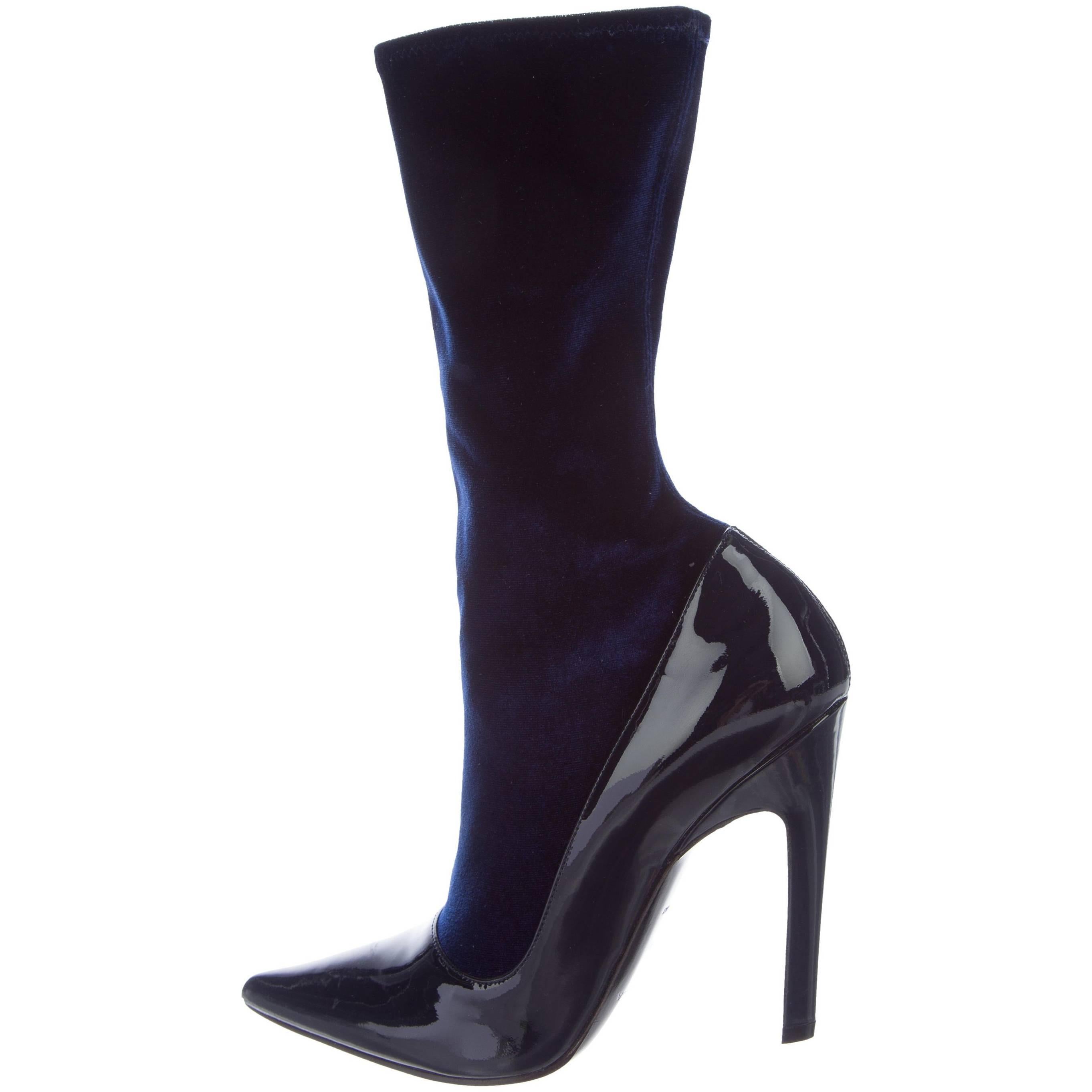 Balenciaga Navy Blue Patent Velvet Ankle Booties Boots 