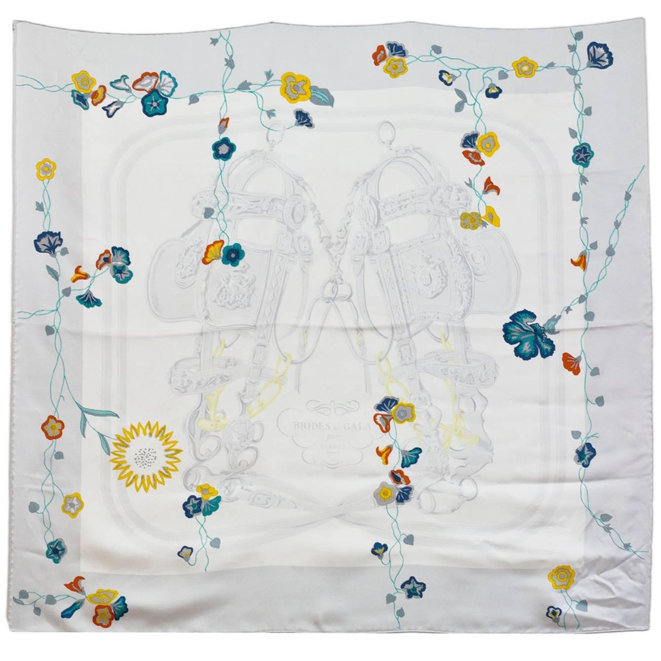 Hermes Limited Edition White Floral Brides de Gala Silk 90cm Scarf with Box