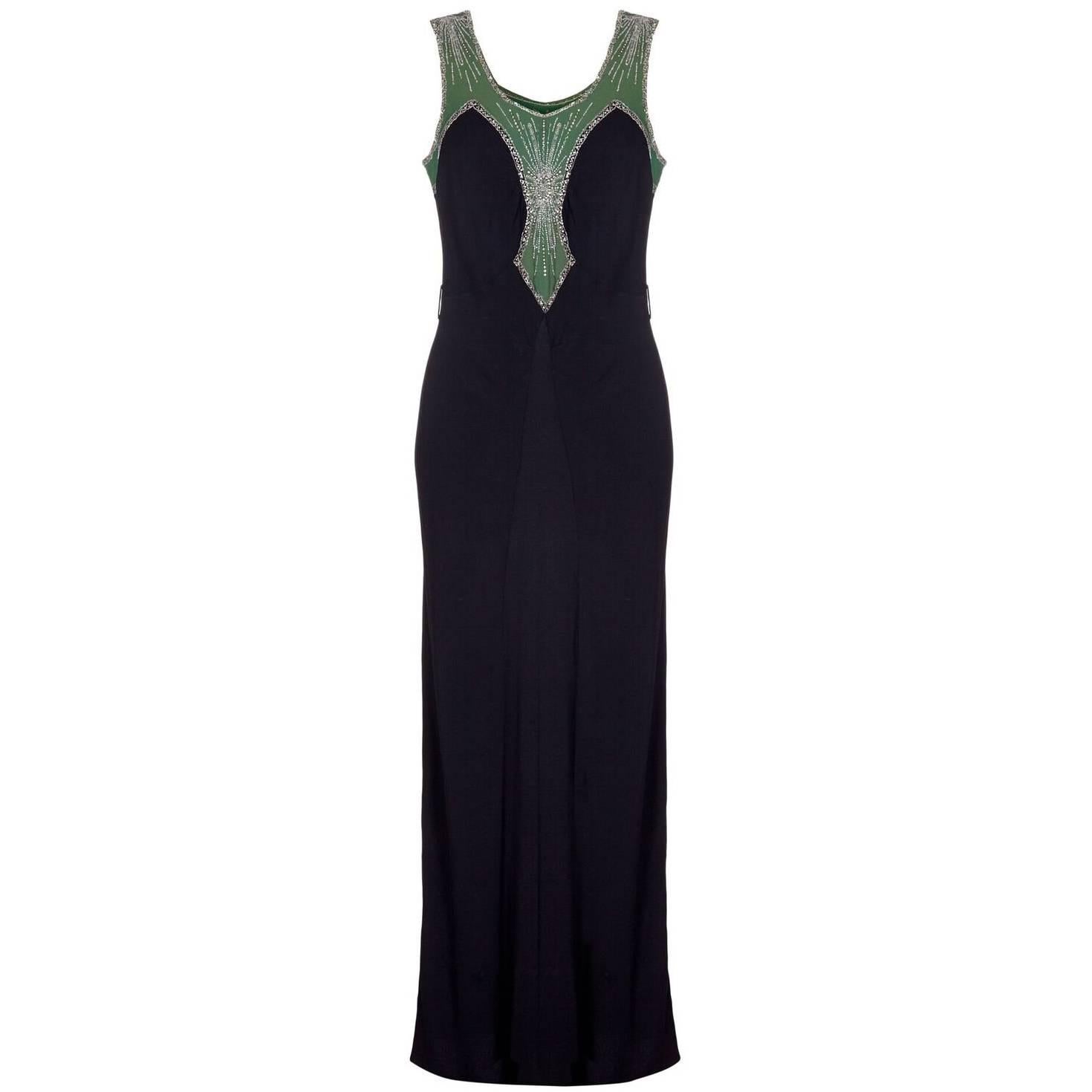 Vintage 1930s Black Crepe Slip Dress with Prong-Set Rhinestones and Beadwork