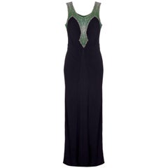 Vintage 1930s Black Crepe Slip Dress with Prong-Set Rhinestones and Beadwork