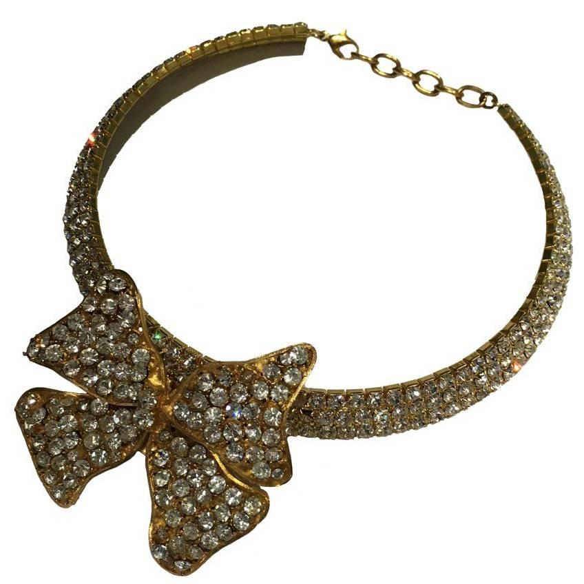 MARGUERITE DE VALOIS Ribbon Choker Necklace in Gilded Metal and Rhinestones
