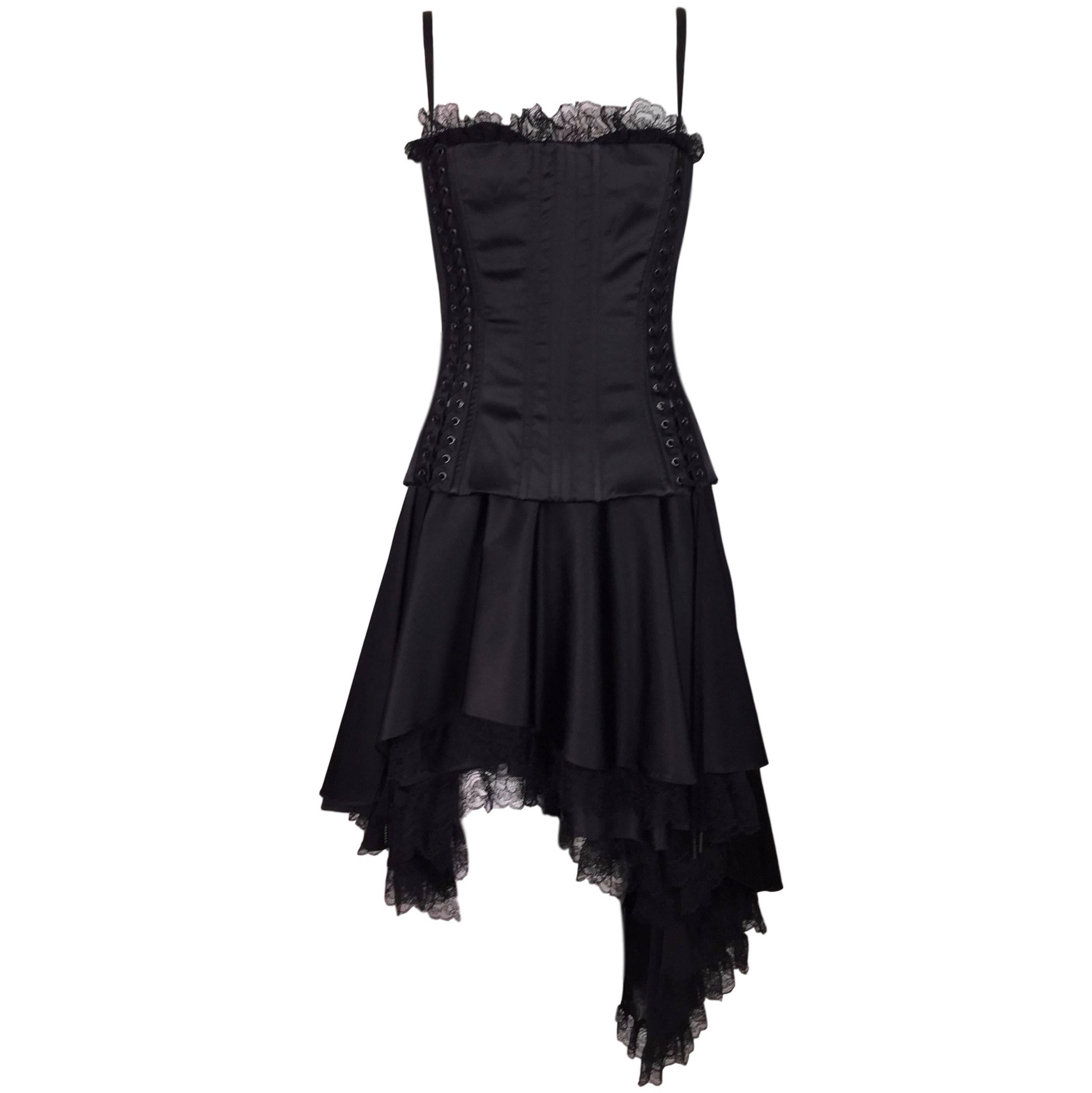 F/W 2003 Dolce & Gabbana Black Corset Lace Hi-Low Cancan Burlesque Bra Dress