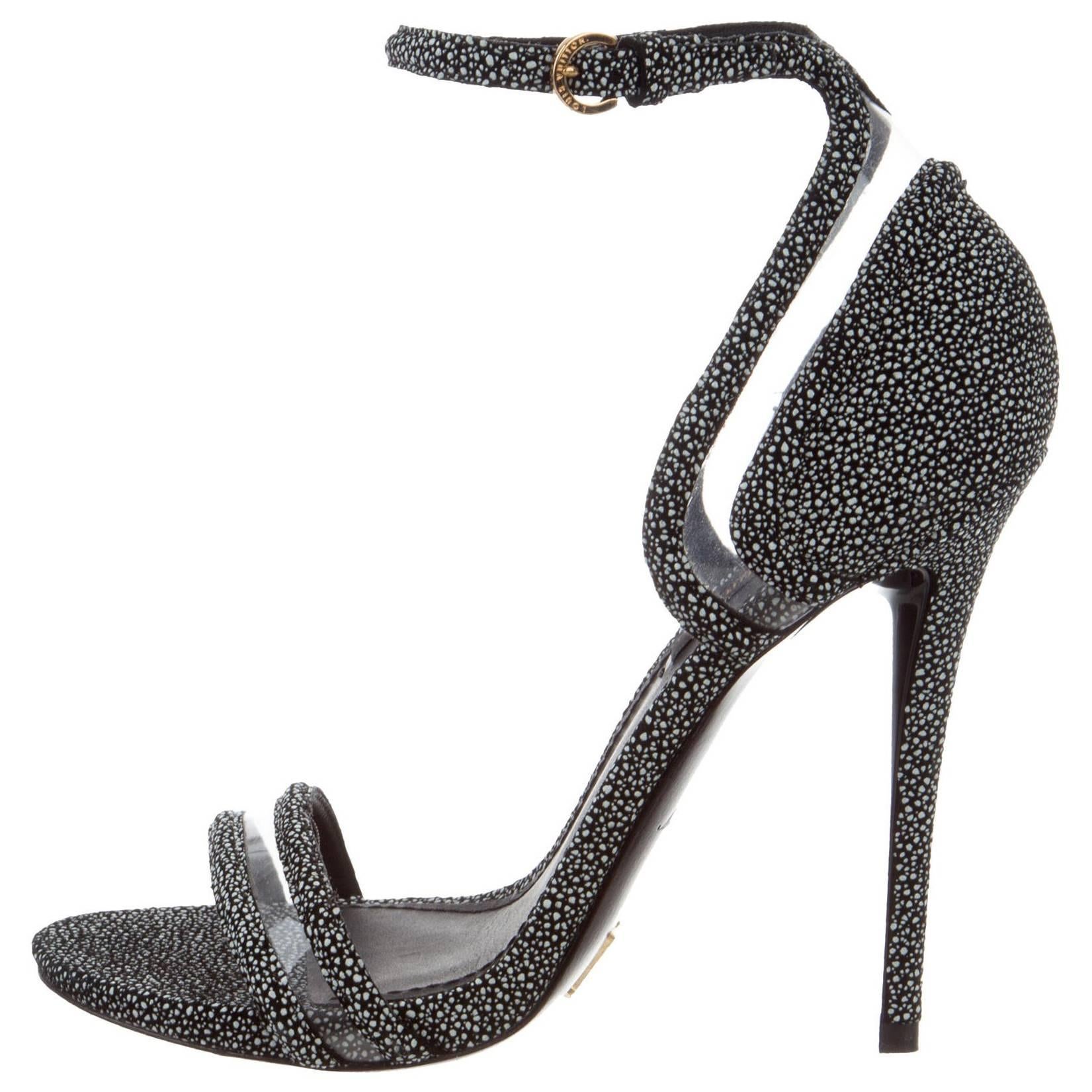 Louis Vuitton New Black Speckle Suede Cut Out Evening Sandals Heels 