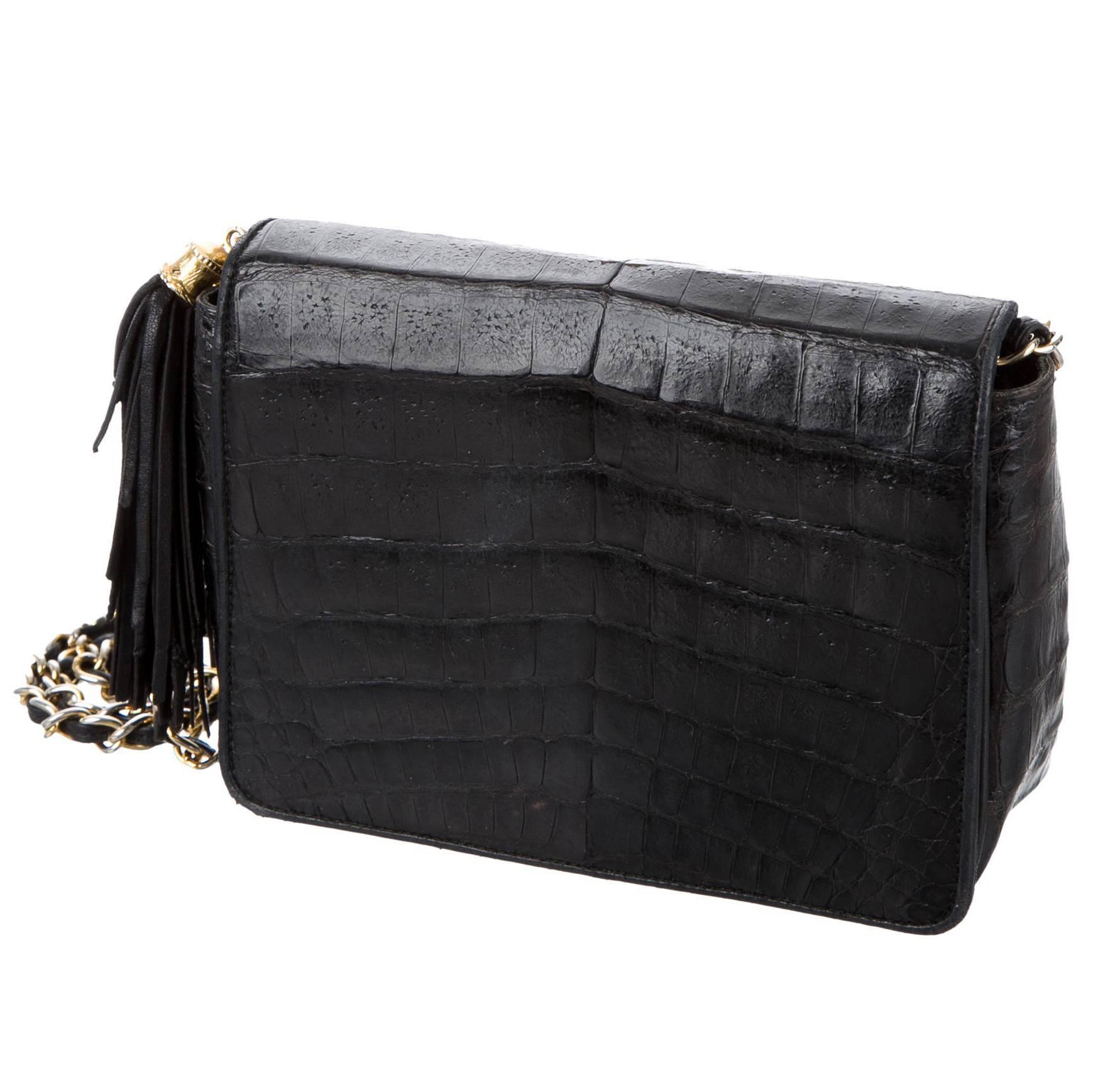 Chanel Black Crocodile Party Evening Camera Shoulder Flap Bag