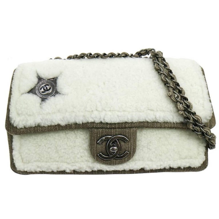 Chanel New Brown Denim Shearling Charm Shoulder Flap Bag For Sale at