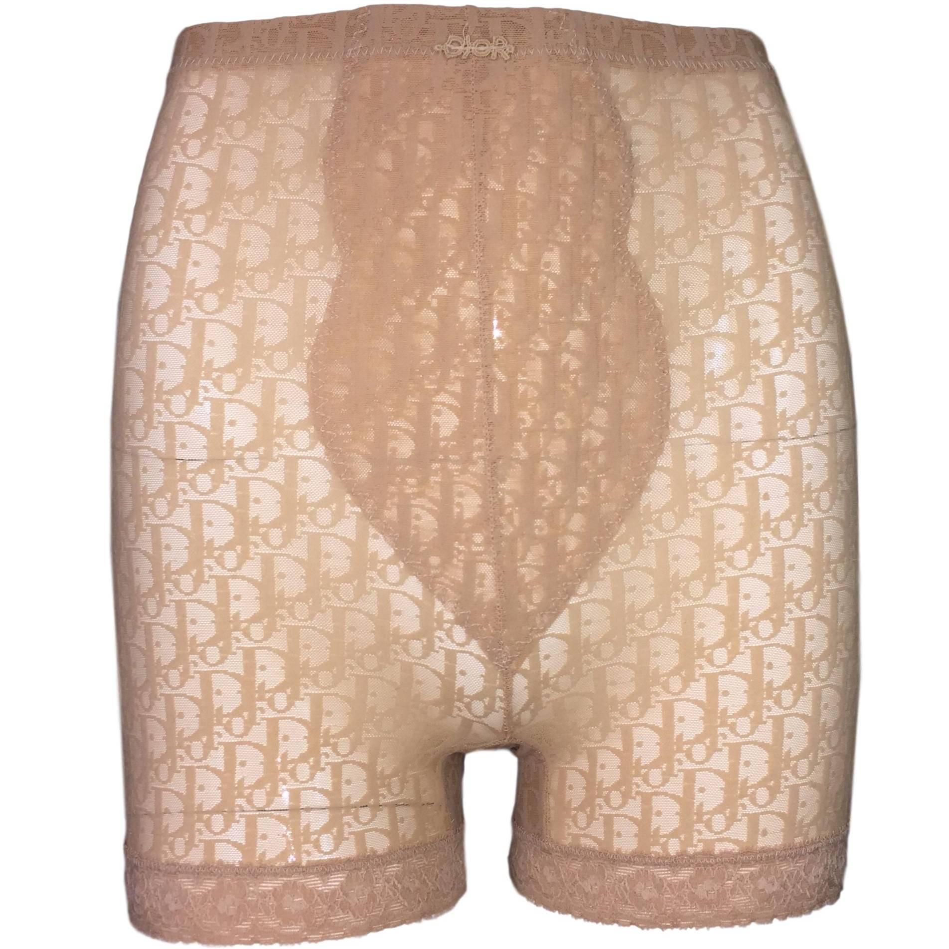1990s Christian Dior Pin-Up Sheer Nude Monogram Mesh and Lace High Waist Shorts