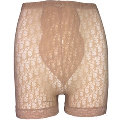 Vintage 1990s Christian Dior Pin-Up Sheer Nude Monogram Mesh and Lace High Waist Shorts