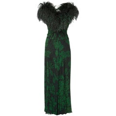 Ruben Paris green & black velvet gown with feathers and stole, circa 1979