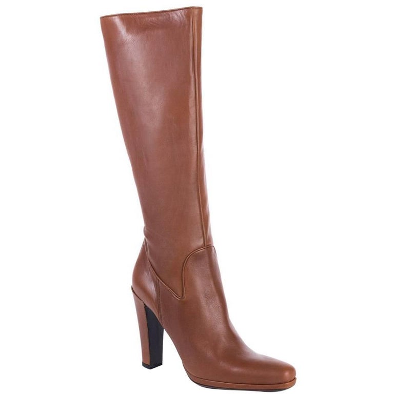 Car Shoe Women's Cognac Leather Knee High Boots For Sale at 1stdibs