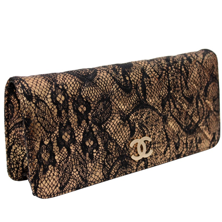 Chanel Metallic Gold Leather and Black Lace Clutch Matelasse