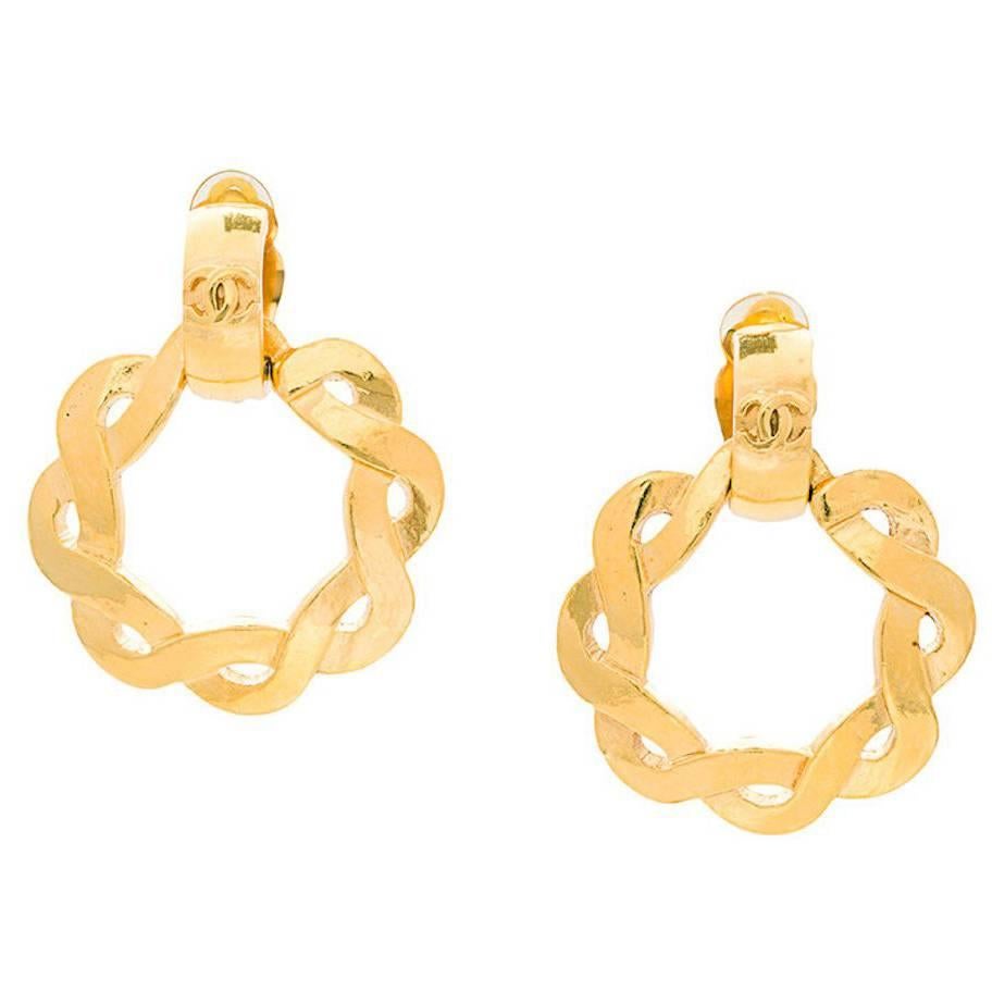 Chanel Gold Textured Braided Round 2 in 1 Huggie Hoop Evening Earrings in Box