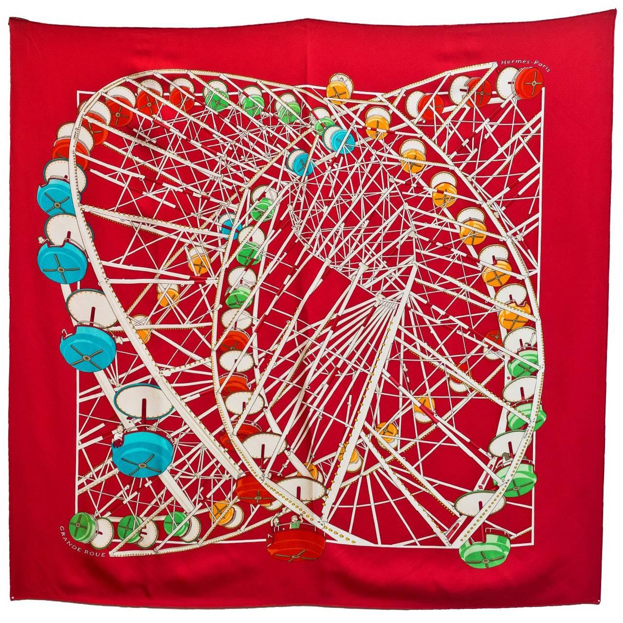 Hermes Red White and Blue Grand Roue Ferris Wheel 90cm Silk Scarf