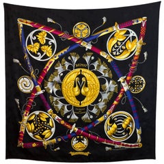 Hermes Black and Gold Princes du Soleil Levant Jacquard Silk 90cm Scarf