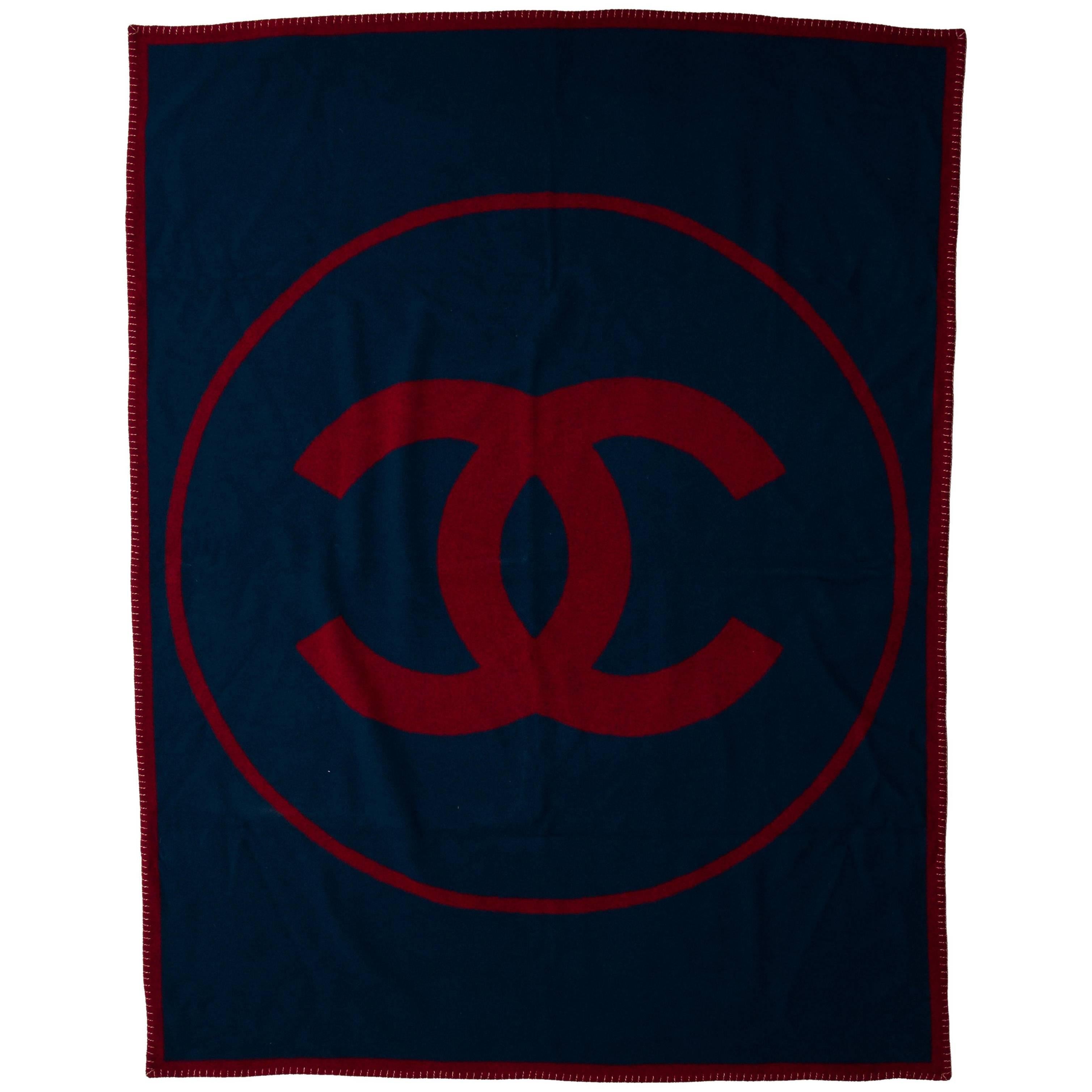 Chanel Red Blue Wool Cashmere Logo Men's Home Decor Table Couch Throw Blanket