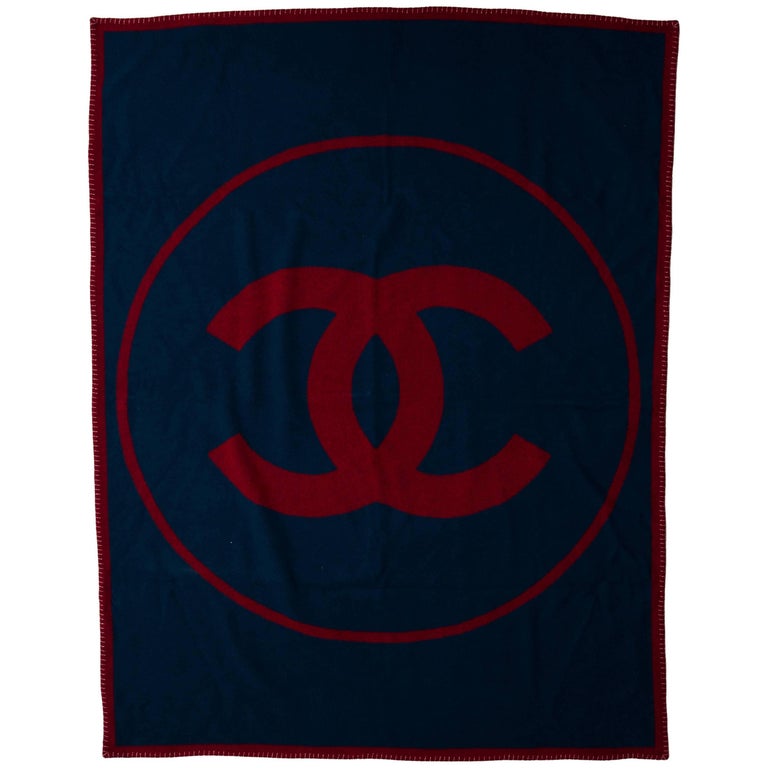 Chanel Red Blue Wool Cashmere Logo Men's Home Decor Table Couch Throw  Blanket