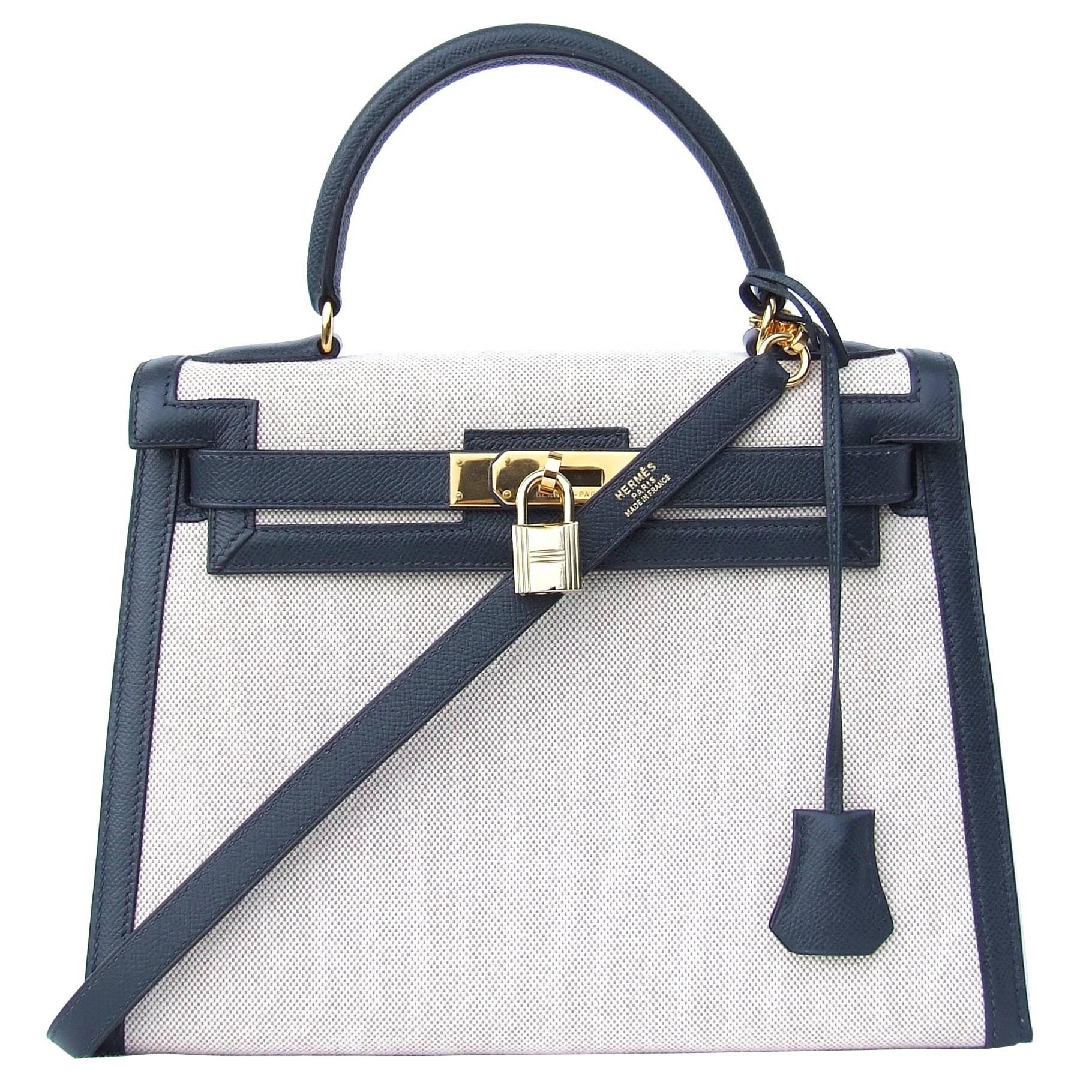 Hermes Kelly 28 Sellier Bag Toile Canvas Courchevel Epsom Navy Blue Leather GHW