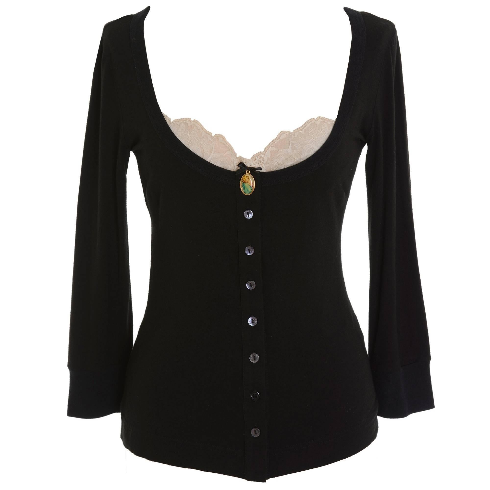 Dolce & Gabbana Black T-shirt Cardigan with Cream Lace Tank Top For Sale