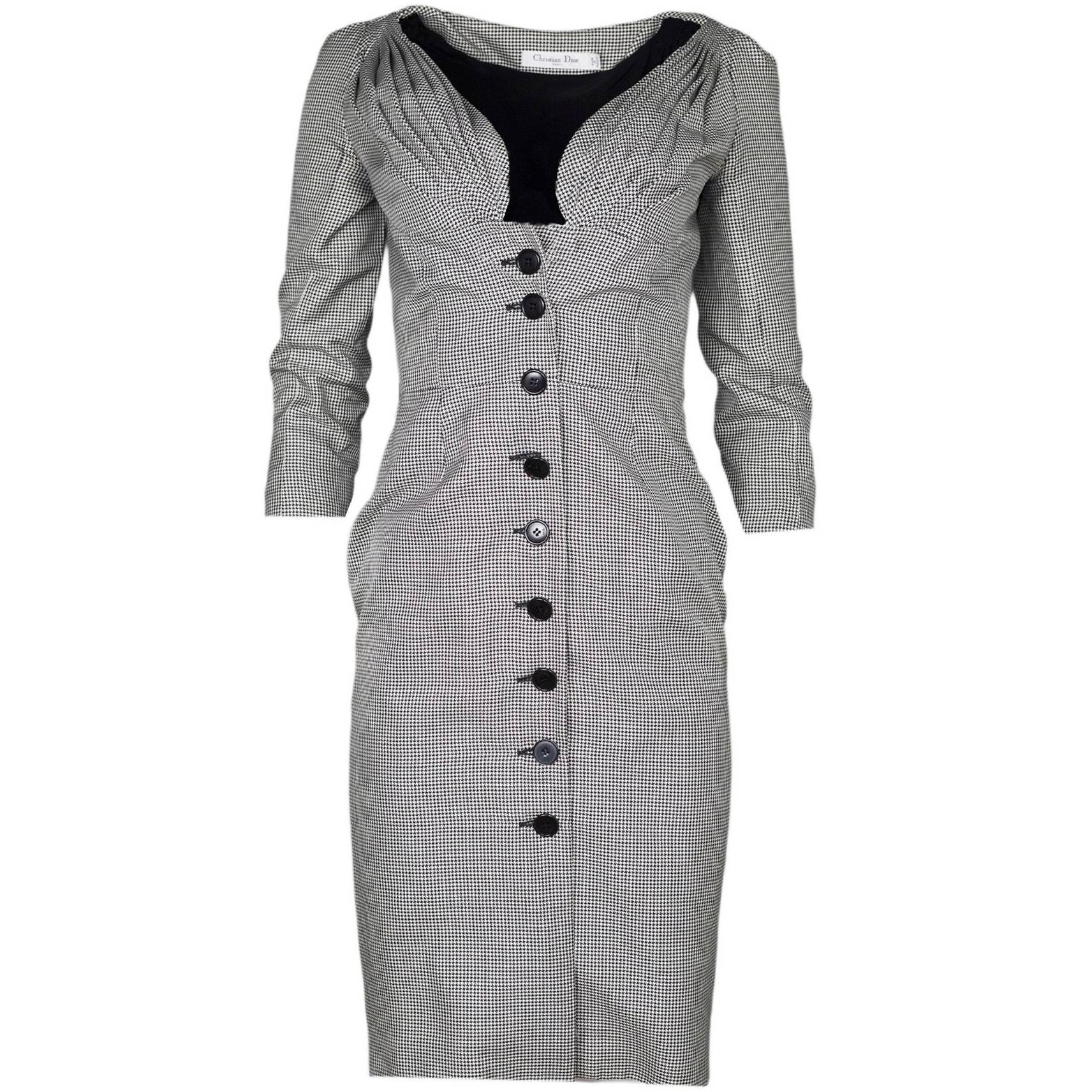 Christian Dior Black and White Silk Herringbone Button-Up Dress 