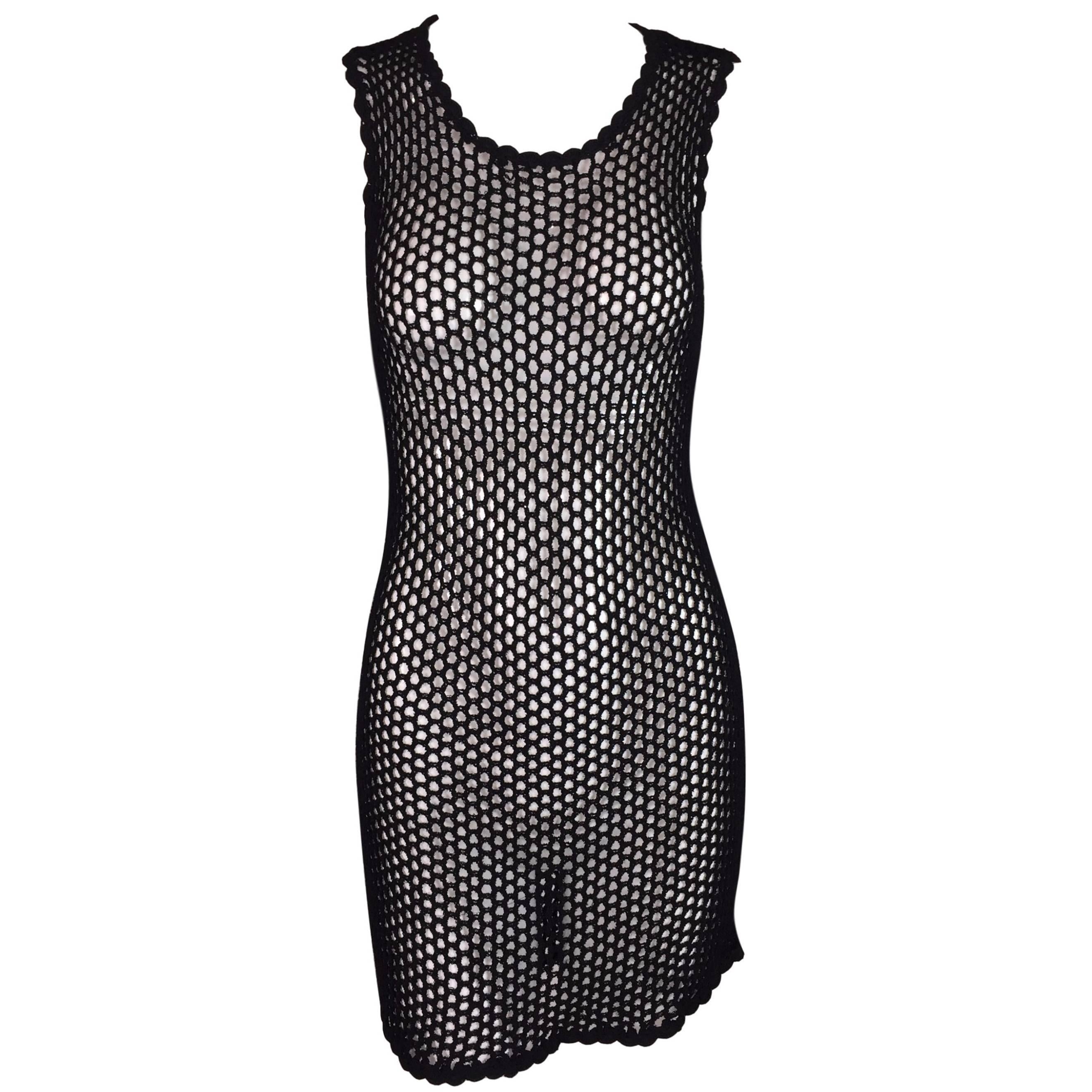 2001 Dolce & Gabbana Black Sheer Fishnet Mesh Mini Dress 42 XS-L
