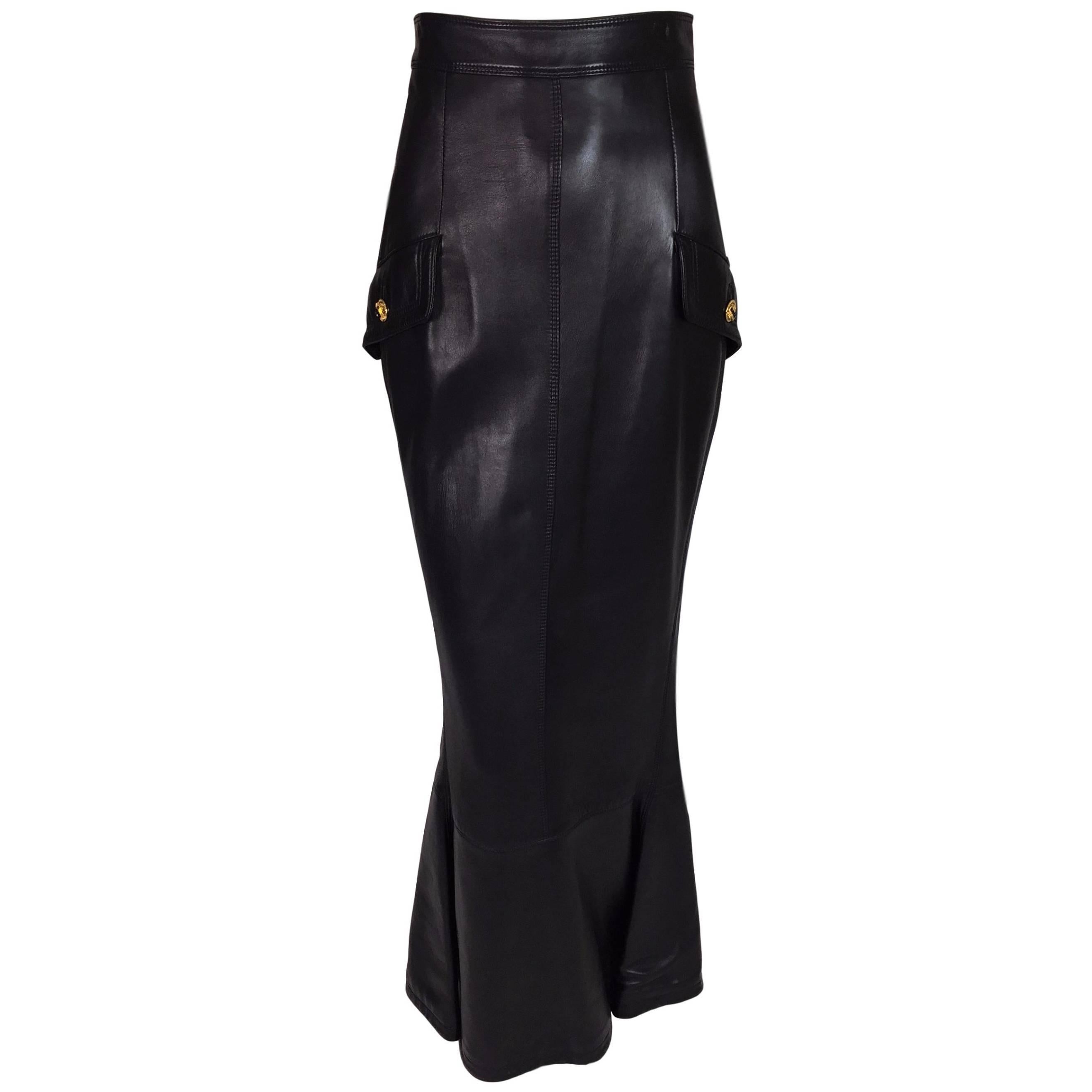 F/W 1992 Gianni Versace Bondage Black Leather High Waist Long Mermaid Skirt