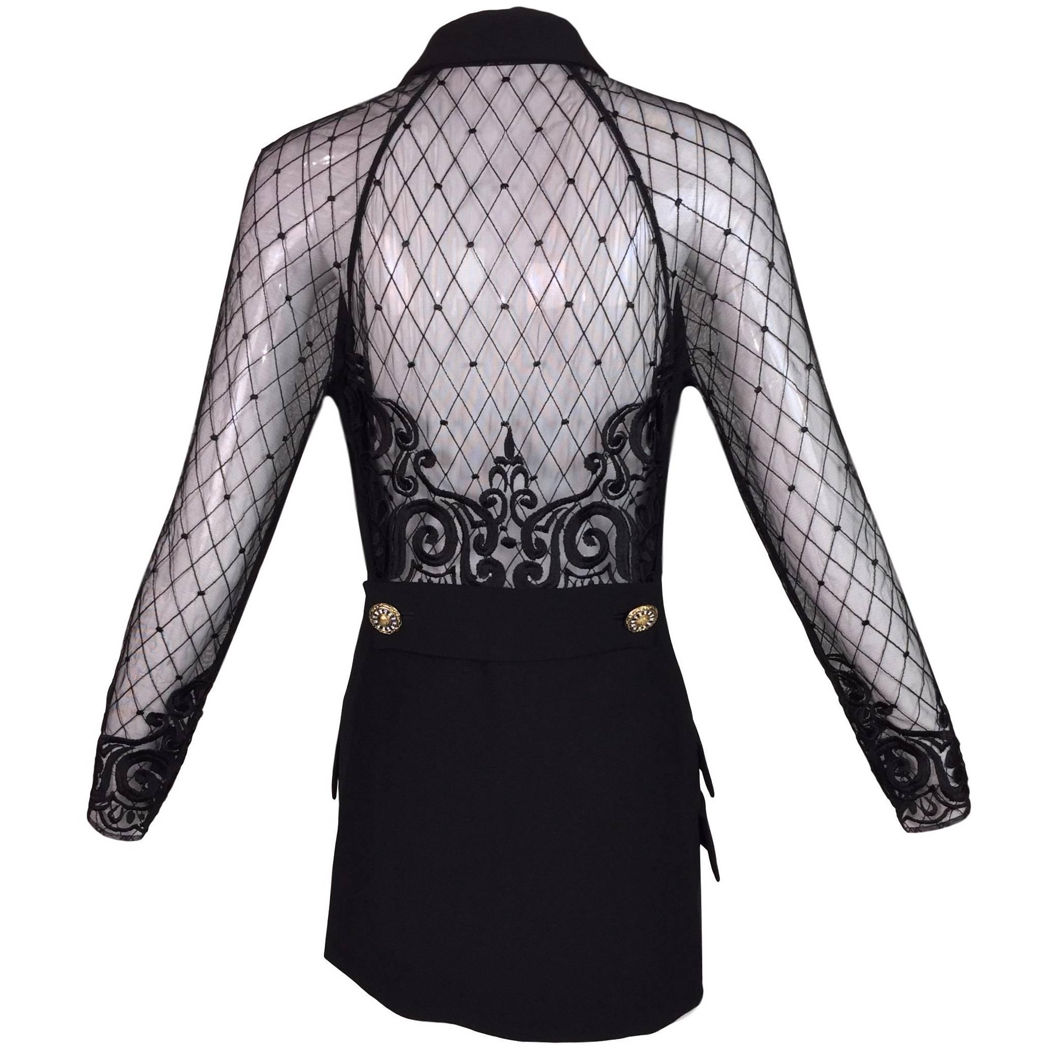 S/S 1994 Gianni Versace Embroidered Black Sheer Mesh Mini Dress Jacket