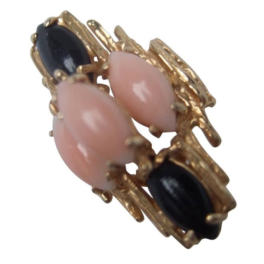 Angel Skin Coral & Jet Stone 14k Ring Size 7.25