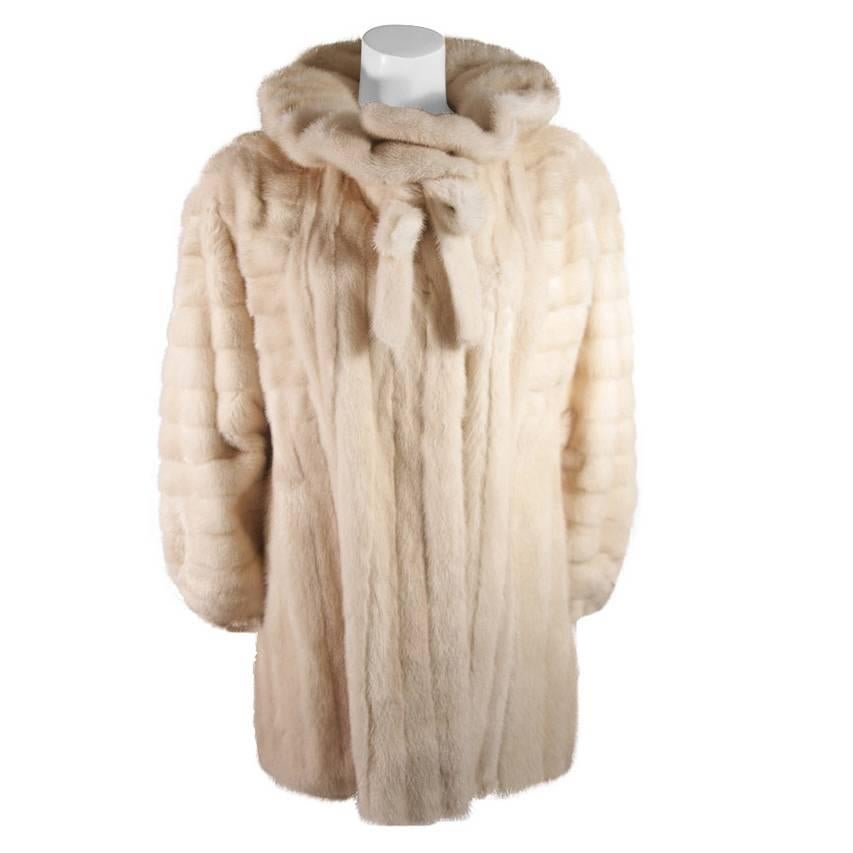 Galanos Ivory Mink Coat with Ruffle Tie Collar and Full Sleeves & Stretch cuff For Sale