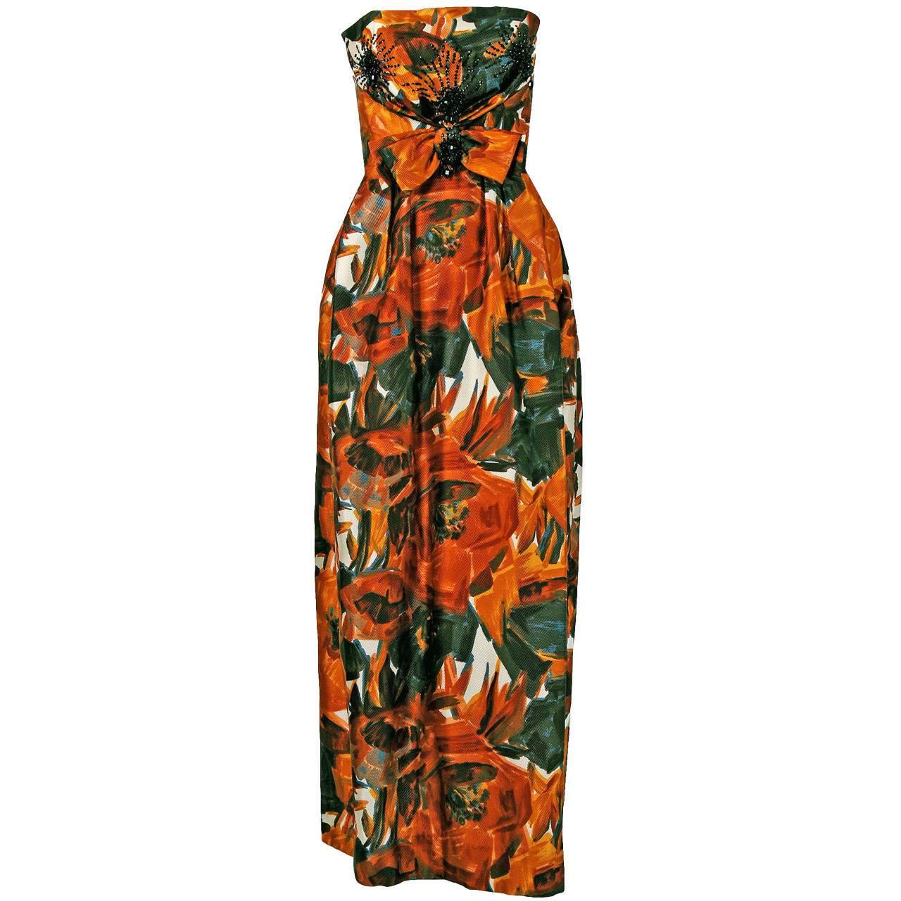 1960's Helena Barbieri Beaded Marigold-Roses Floral Print Silk Strapless Gown