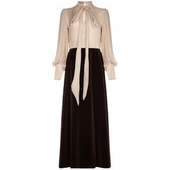 Salvador 1970s Chocolate Brown Velvet Cream Silk Dress and Waistcoat Ensemble