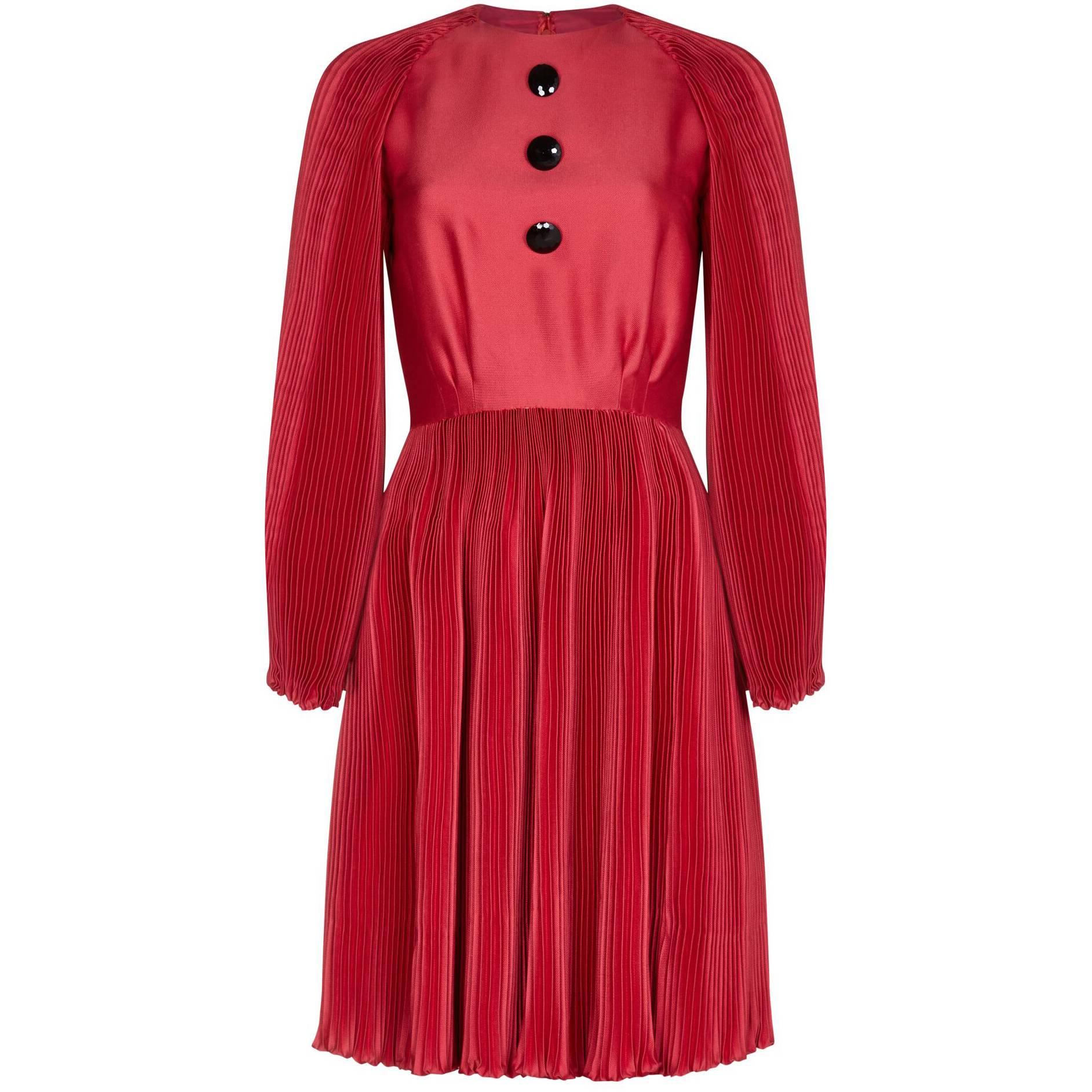Vintage 1960s Couture Red Silk Cotton Occasion Dress With Heavy Pleated Detail