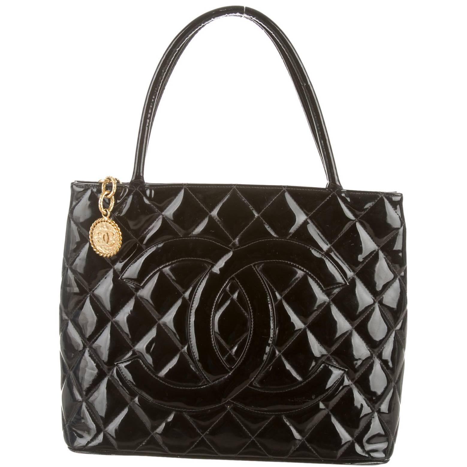 Chanel Black Patent Gold Charm Top Handle Travel Carryall Shoulder Tote Bag