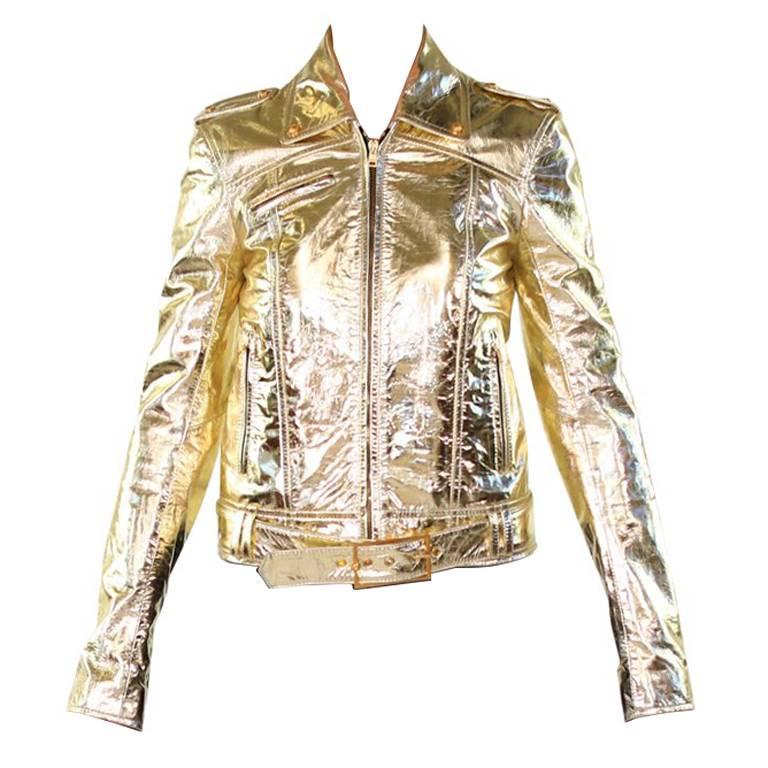 VERSACE VERSUS GOLD METALLIC LEATHER BIKER JACKET with EMBROIDERY at