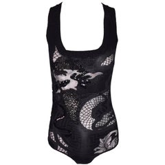 Gianfranco Ferre S/S 2003 Runway Sheer Black Beaded Dragon Chinese Bodysuit Top