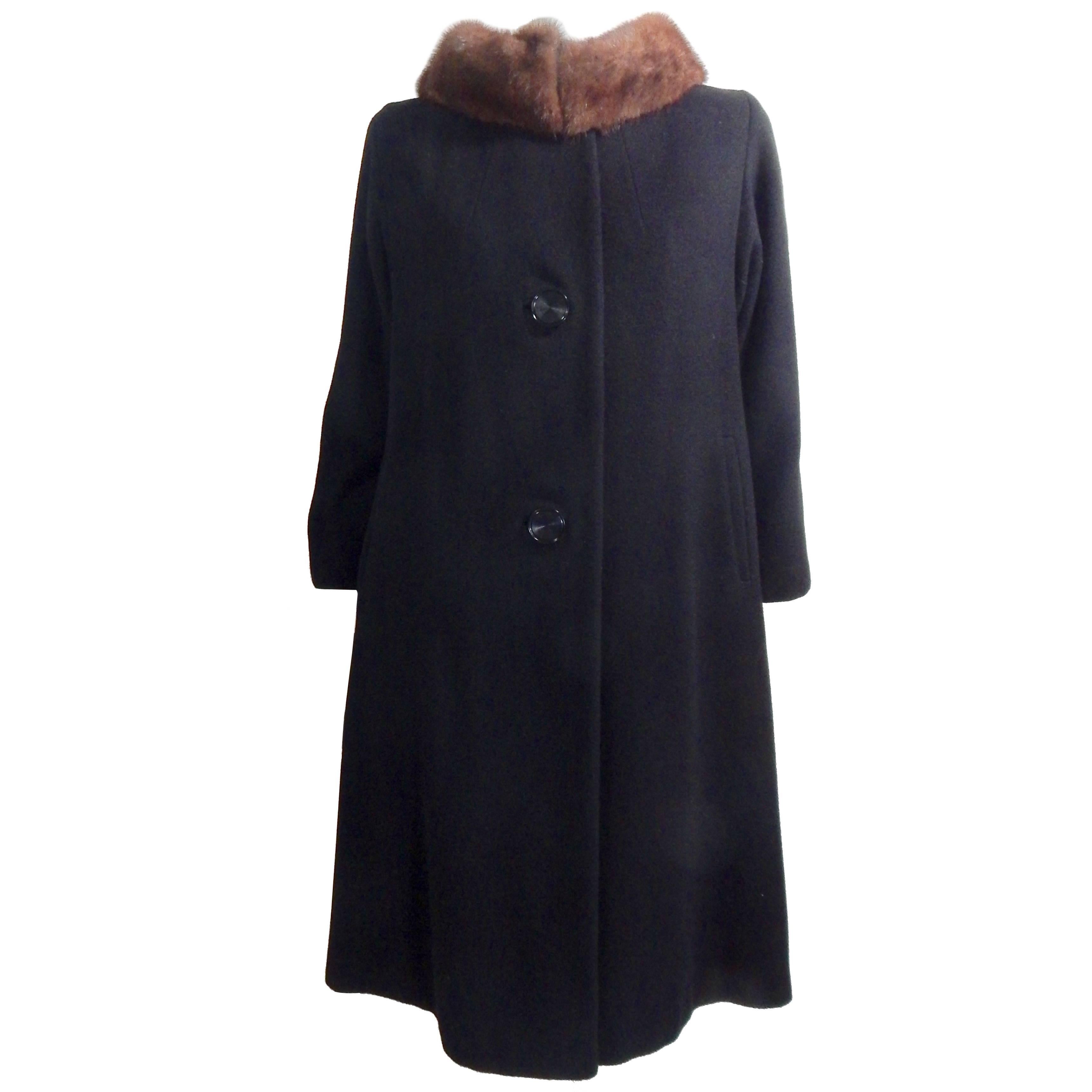 Black Cashmere and Mink Fur Coat, 1950s   For Sale