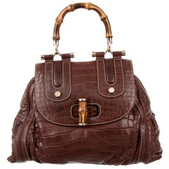 Gucci New Chocolate Crocodile Exotic Skin Kelly Bamboo Top Handle Satchel Bag