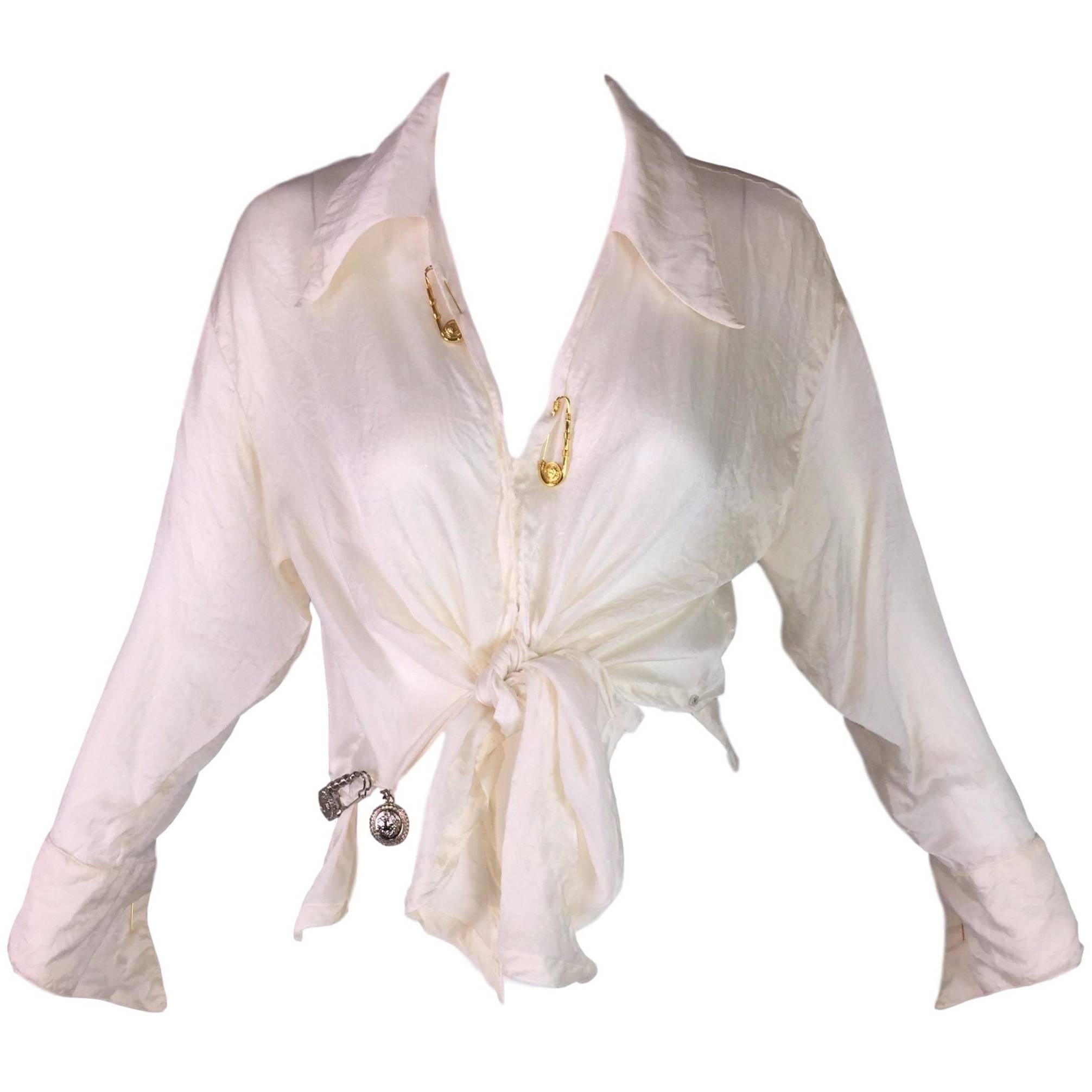 S/S 1994 Gianni Versace Sheer Ivory Silk Tie Front Safety Pin Blouse Top