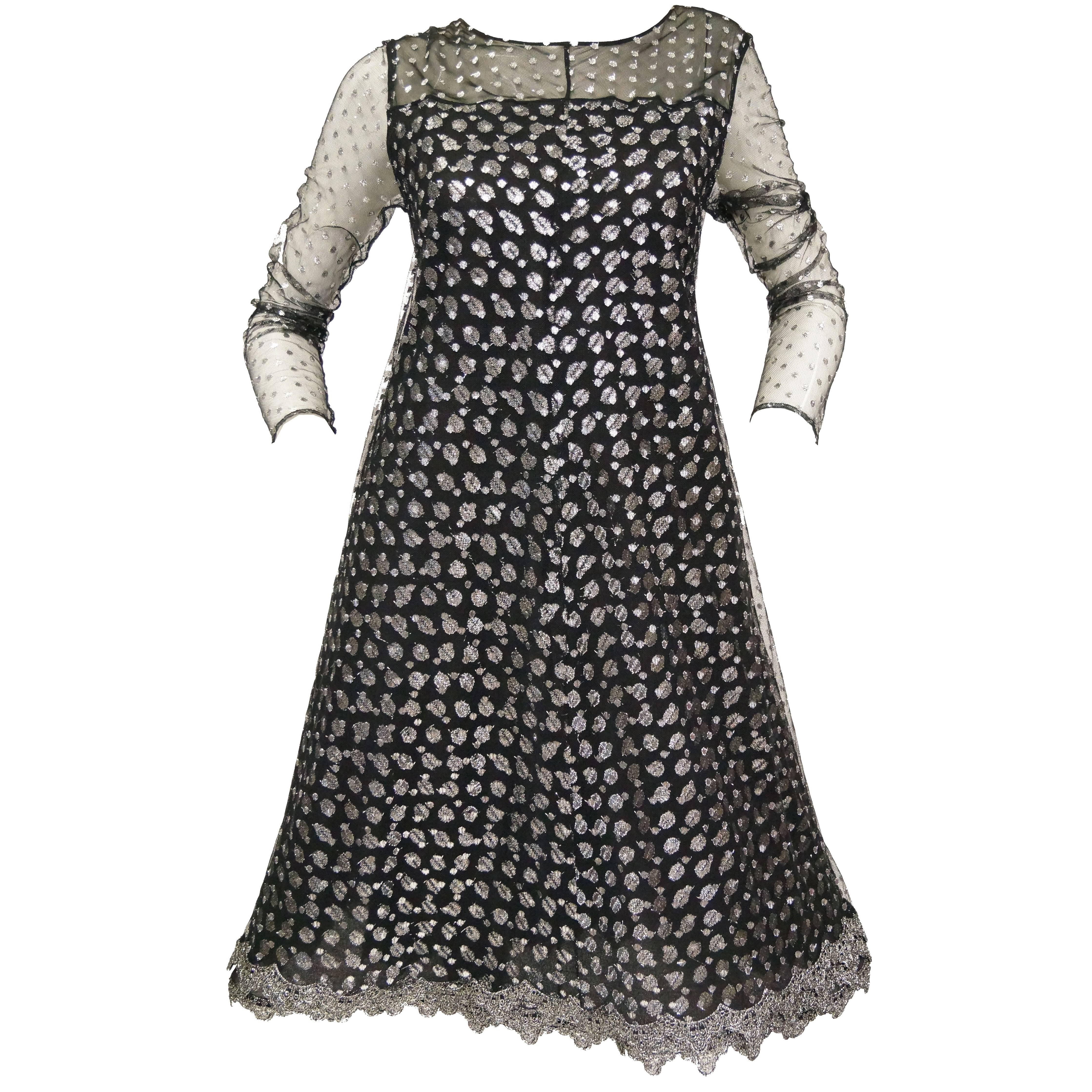 1990s Geoffrey Beene Black and Silver Metallic Polka Dot Dress 6-8 For Sale
