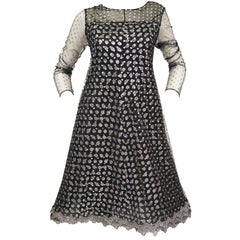 Vintage 1990s Geoffrey Beene Black and Silver Metallic Polka Dot Dress 6-8