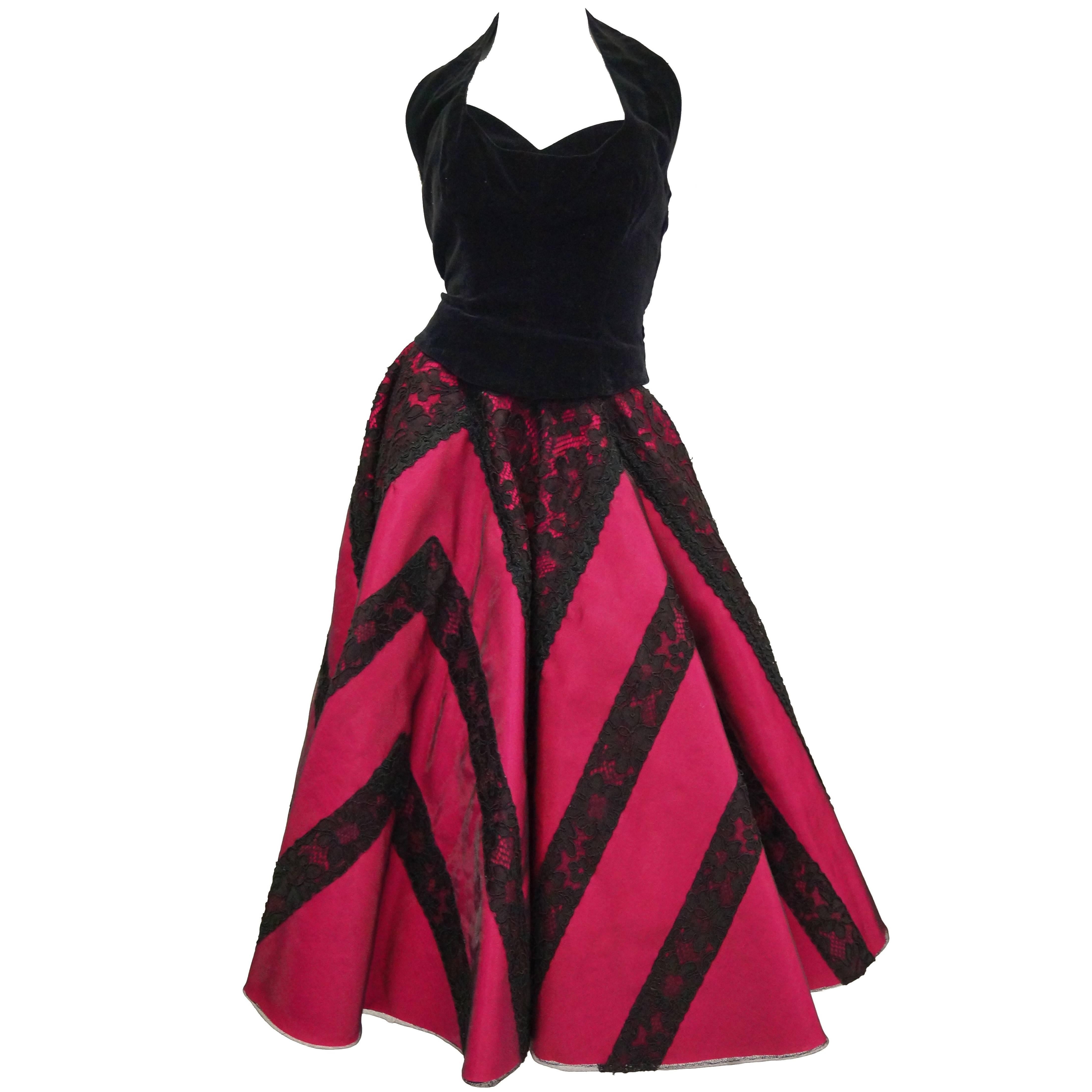 1950s Carol Antell Fuchsia Silk and Black Lace w/ Velvet Skirt and Halter For Sale