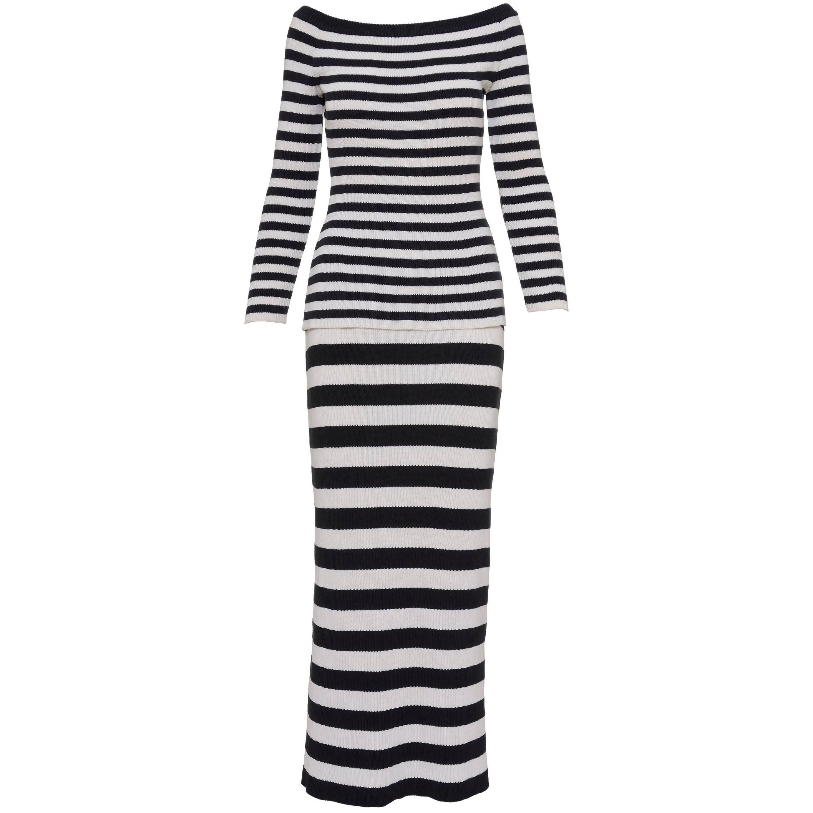 Salvatore Ferragamo Striped Black and White Jersey Sweater and Skirt For Sale