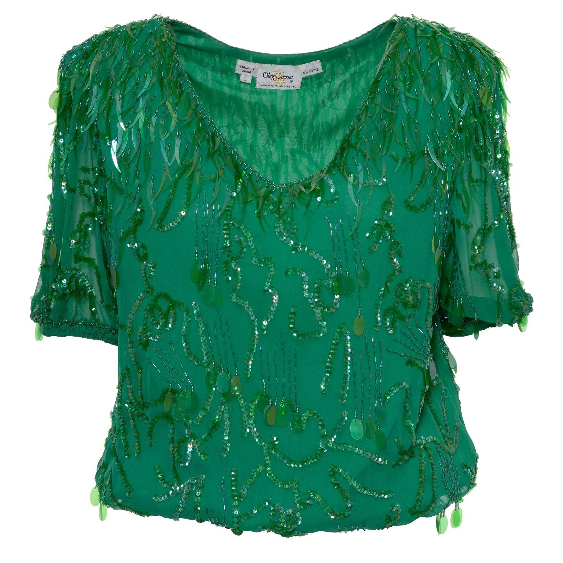 Oleg Cassini Embroidery Green Silk Balloon Blouse, 1980s For Sale