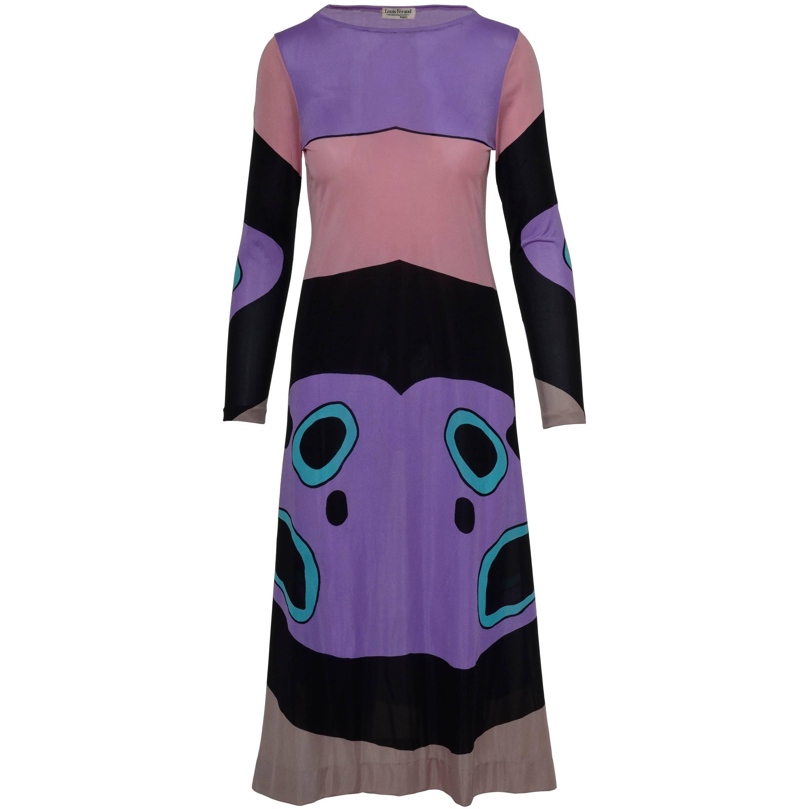 1970s LOUIS FERAUD Sheer Jersey Dress with Abstract print